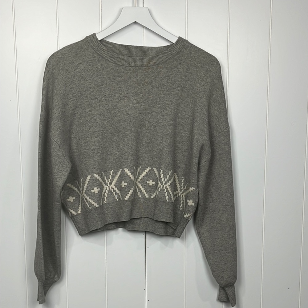 Cotton:On Womens Sweater Gray White M/M Crew Pullover Geo Hem Design Crop Trendy